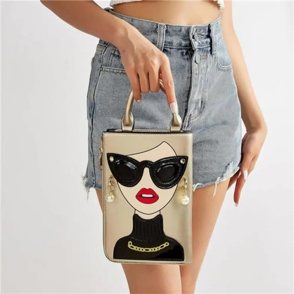 Women Golden Lady Face Shoulder Bags Funky Vegan Leather Top Handle Satchel